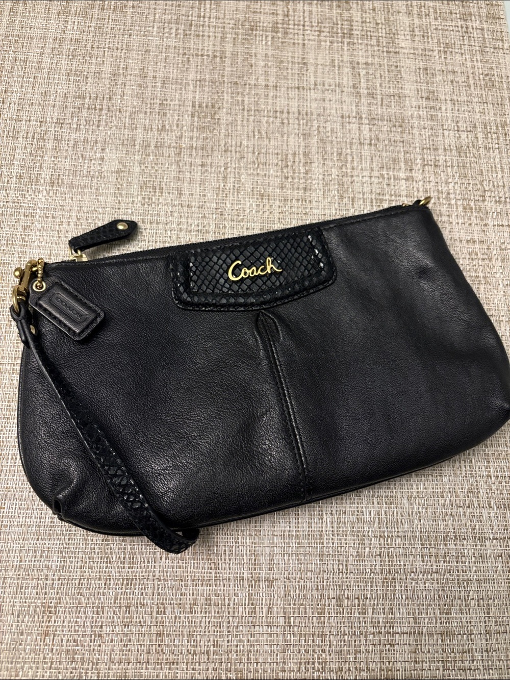 Coach Black Leather Wristlet Clutch with Gold Script Logo